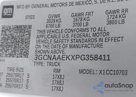 2023 Chevrolet Silverado 1500 2Wd Standard Bed Wt z USA, uszkodzony, nr VIN 3GCNAAEKXPG358411